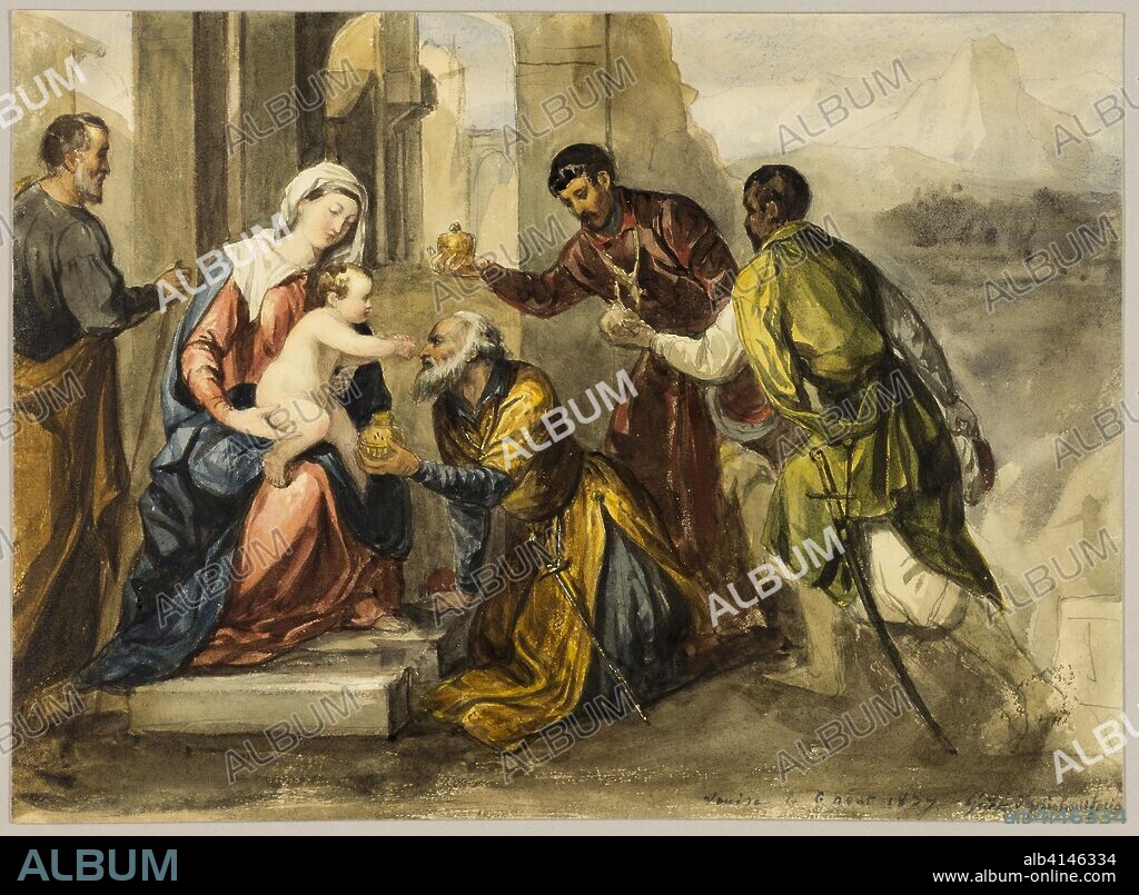 BONIFACIO DE PITATI. Adoration of the Magi. After Bonifazio de' Pitati, called Bonifazio Veronese; Italian, c. 1487-1553. Date: 1827. Dimensions: 230 x 314 mm. Watercolor over graphite, on ivory wove paper. Origin: Italy.