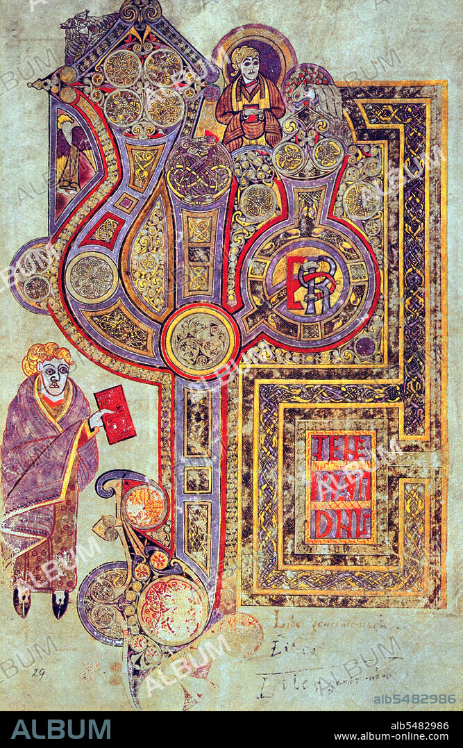 The Book of Kells (Irish: Leabhar Cheanannais) (Dublin, Trinity College Library, MS A. I. (58), sometimes known as the Book of Columba) is an illuminated manuscript Gospel book in Latin, containing the four Gospels of the New Testament together with various prefatory texts and tables. It was created by Celtic monks ca. 800 or slightly earlier. The text of the Gospels is largely drawn from the Vulgate, although it also includes several passages drawn from the earlier versions of the Bible known as the Vetus Latina. It is a masterwork of Western calligraphy and represents the pinnacle of Insular illumination. It is also widely regarded as Ireland's finest national treasure. The illustrations and ornamentation of the Book of Kells surpass that of other Insular Gospel books in extravagance and complexity. The decoration combines traditional Christian iconography with the ornate swirling motifs typical of Insular art. Figures of humans, animals and mythical beasts, together with Celtic knots and interlacing patterns in vibrant colours, enliven the manuscript's pages. Many of these minor decorative elements are imbued with Christian symbolism and so further emphasise the themes of the major illustrations. The manuscript today comprises 340 folios and, since 1953, has been bound in four volumes. The leaves are on high-quality calf vellum, and the unprecedentedly elaborate ornamentation that covers them includes ten full-page illustrations and text pages that are vibrant with decorated initials and interlinear miniatures and mark the furthest extension of the anti-classical and energetic qualities of Insular art. The Insular majuscule script of the text itself appears to be the work of at least three different scribes. The lettering is in iron gall ink, and the colours used were derived from a wide range of substances, many of which were imports from distant lands. The manuscript takes its name from the Abbey of Kells that was its home for centuries. Today, it is on permanent display at the Trinity College Library, Dublin.
