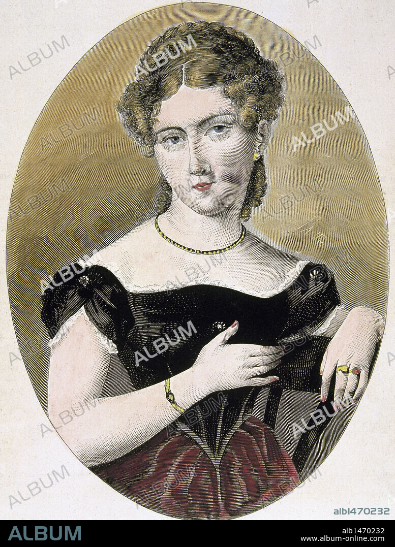 FERNAN CABALLERO, pseudónimo de Cecilia Böhl de Faber (Morges,1796-Sevilla,1877). Escritora española. Autora de "La gaviota" (1845), "Lágrimas" (1850) y "La farisea" (1863). La Ilustración Española y Americana. Grabado coloreado.