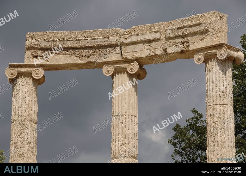 ARTE GRIEGO. S. IV a. C. GRECIA. FILIPEION. Edificio circular con 18 columnas jónicas en el exterior y 9 columnas corintias adosadas en el interior. Mandado construir por Filipo II de Macedonia en el año 338 a. C. tras la batalla de Queronea. Fue completado por Alejandro Magno. Detalle de las COLUMNAS JONICAS. Situado en el ALTIS. SANTUARIO DE OLIMPIA. Provincia de Ilía. Región del Peloponeso.