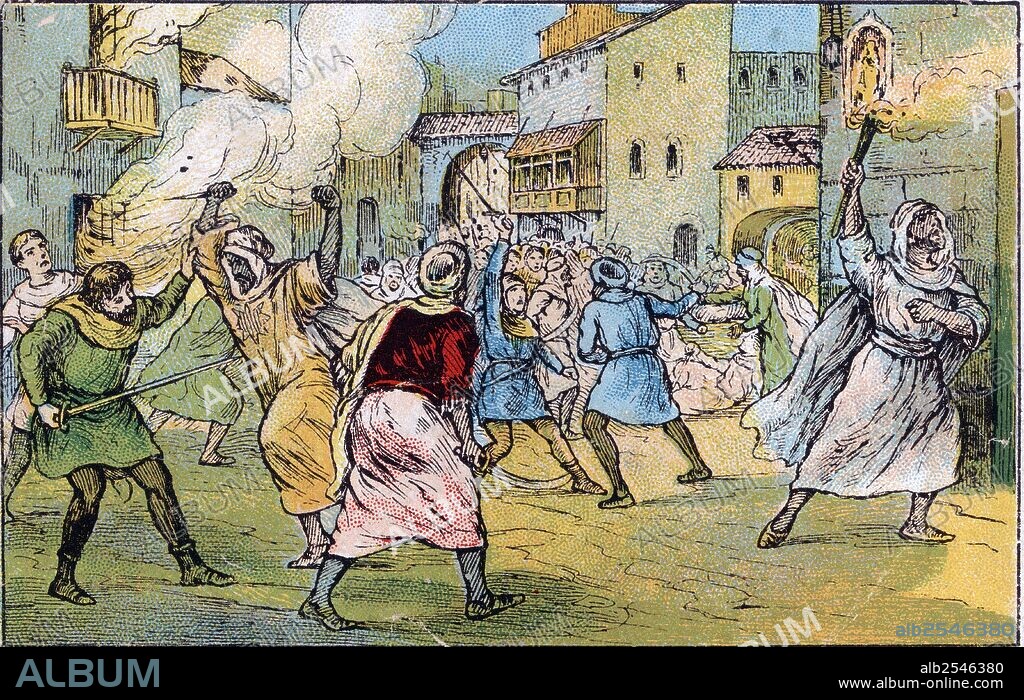 Historia de Catalunya. Entrada en Barcelona de los moros al mando de Almanzor. Dibujo de los año 1930.