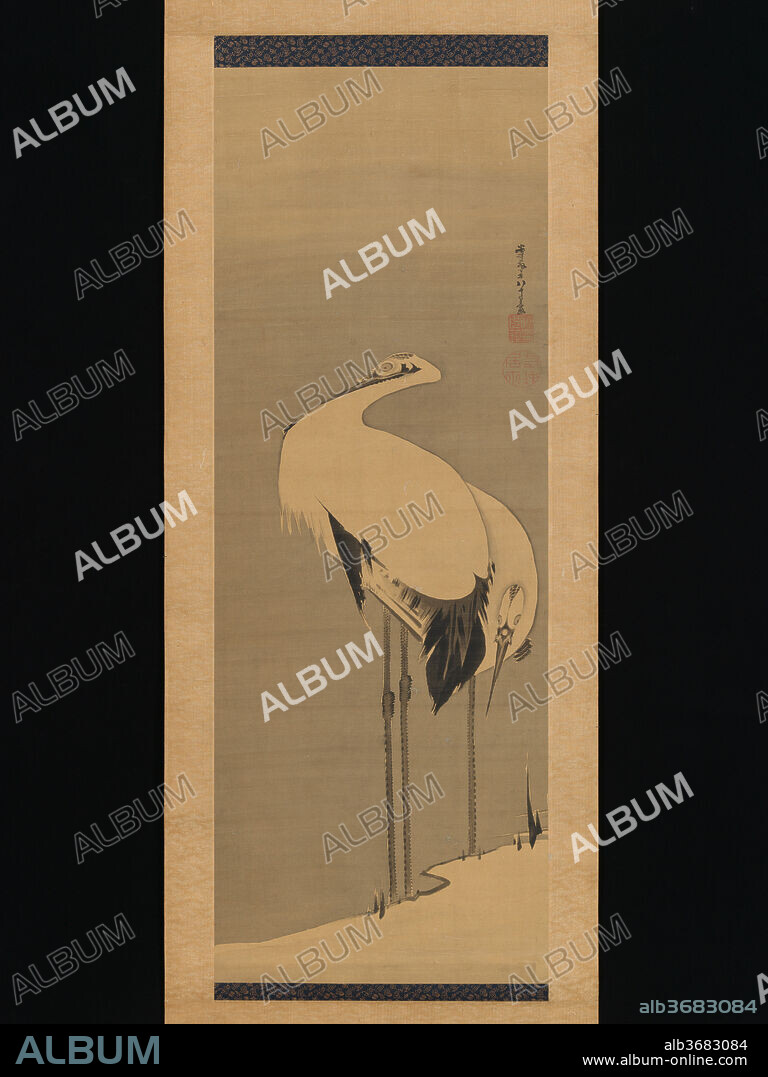 Two Cranes. Artist: Ito Jakuchu (Japanese, 1716-1800). Culture: Japan. Dimensions: Image: 42 5/8 × 15 1/2 in. (108.2 × 39.3 cm)
Overall with mounting: 74 3/16 × 20 3/16 in. (188.5 × 51.3 cm)
Overall with knobs: 74 3/16 × 22 1/2 in. (188.5 × 57.2 cm). Date: 1795.