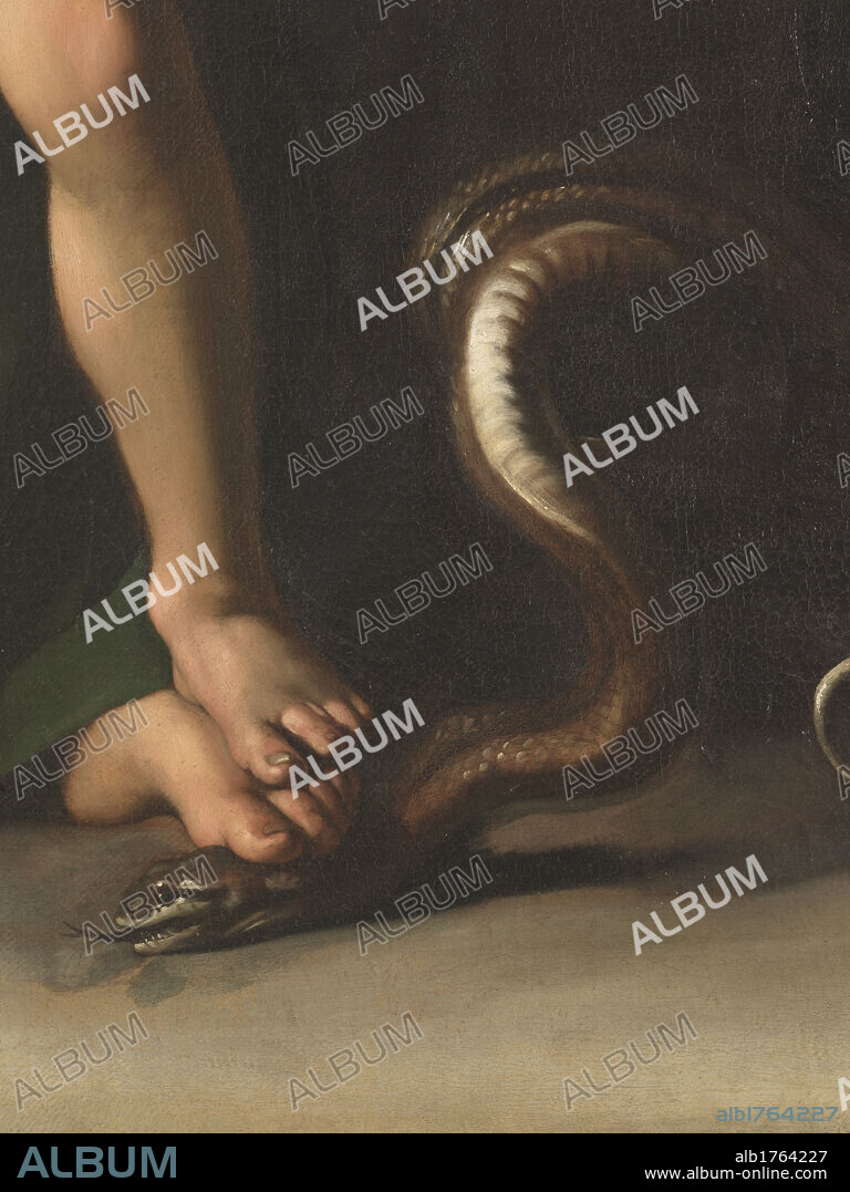 Madonna Palafrenieri, by Michelangelo Merisi known as Caravaggio, 1605, 17th Century, oil on canvas, cm 292 x 211. Italy, Lazio, Rome, Borghese Gallery. Detail. Snake symbol Evil demon devil leg superimposed feet the Infant Jesus the Christ Child the Virgin Mary., photographic campaign 2009. Authorization required for non editorial use.