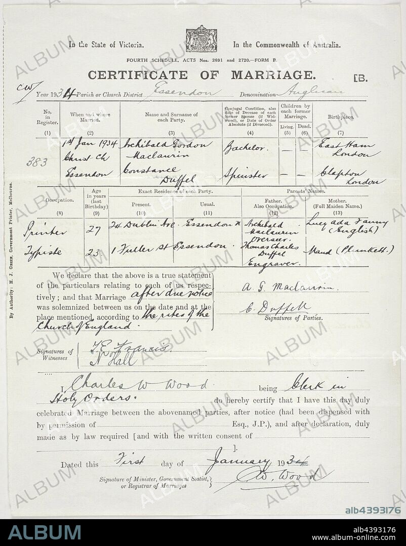 Marriage Certificate - Issued to Archibald Gordon Maclaurin & Constance Duffel, State of Victoria, 1 Jan 1934, Marriage Certificate for Archibald Gordon Maclaurin and Constance Duffel, dated 1st January 1934. Archie was born in 1904 in Westham London. He trained as a printer and sought work in Australia as there were few opportunities in England; he migrated on the 'Jervis Bay' in 1928. Before migrating he commenced negotiations with the general manager of the Commonwealth Bank Note Printing Branch.