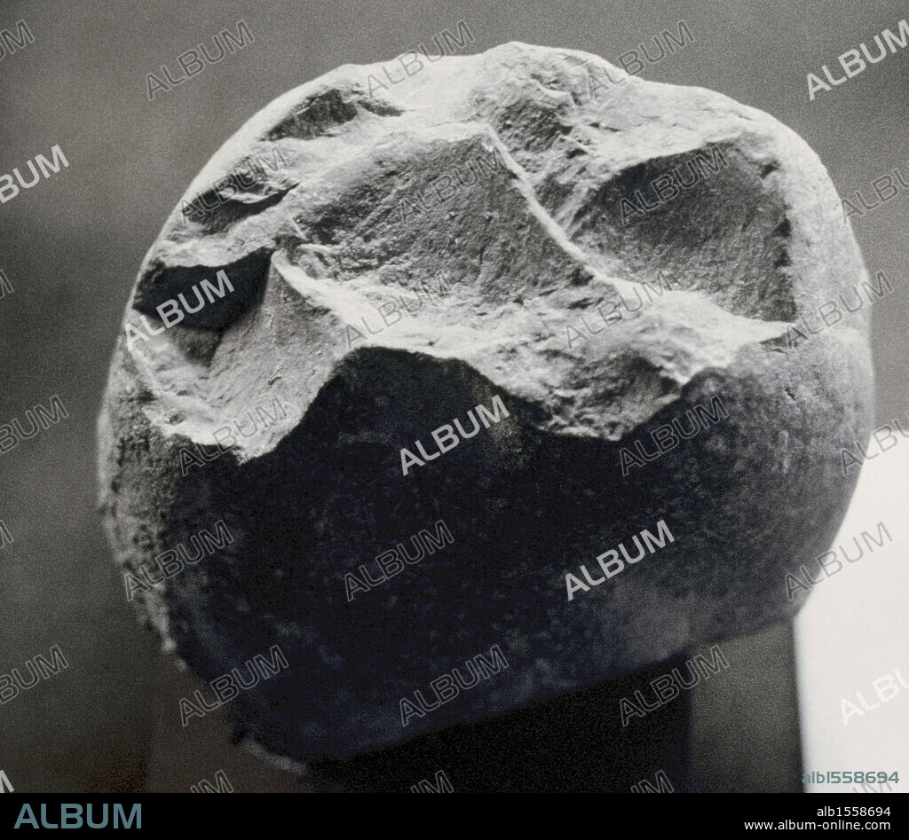 Prehistoria. Paleolítico Inferior. Canto rodado. Piedra utilizada para cortar la carne y las partes más duras de los animales. Museo de la prehistoria de Tautavel. Francia.