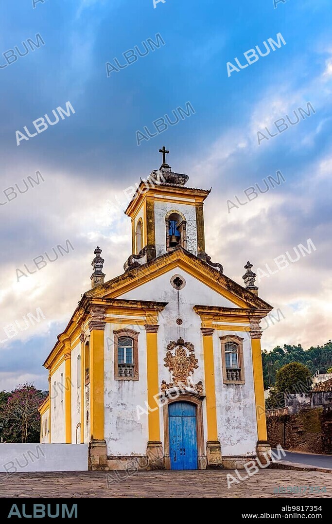Front view of a historic baroque church in the old town of Ouro Preto in Minas Gerais.