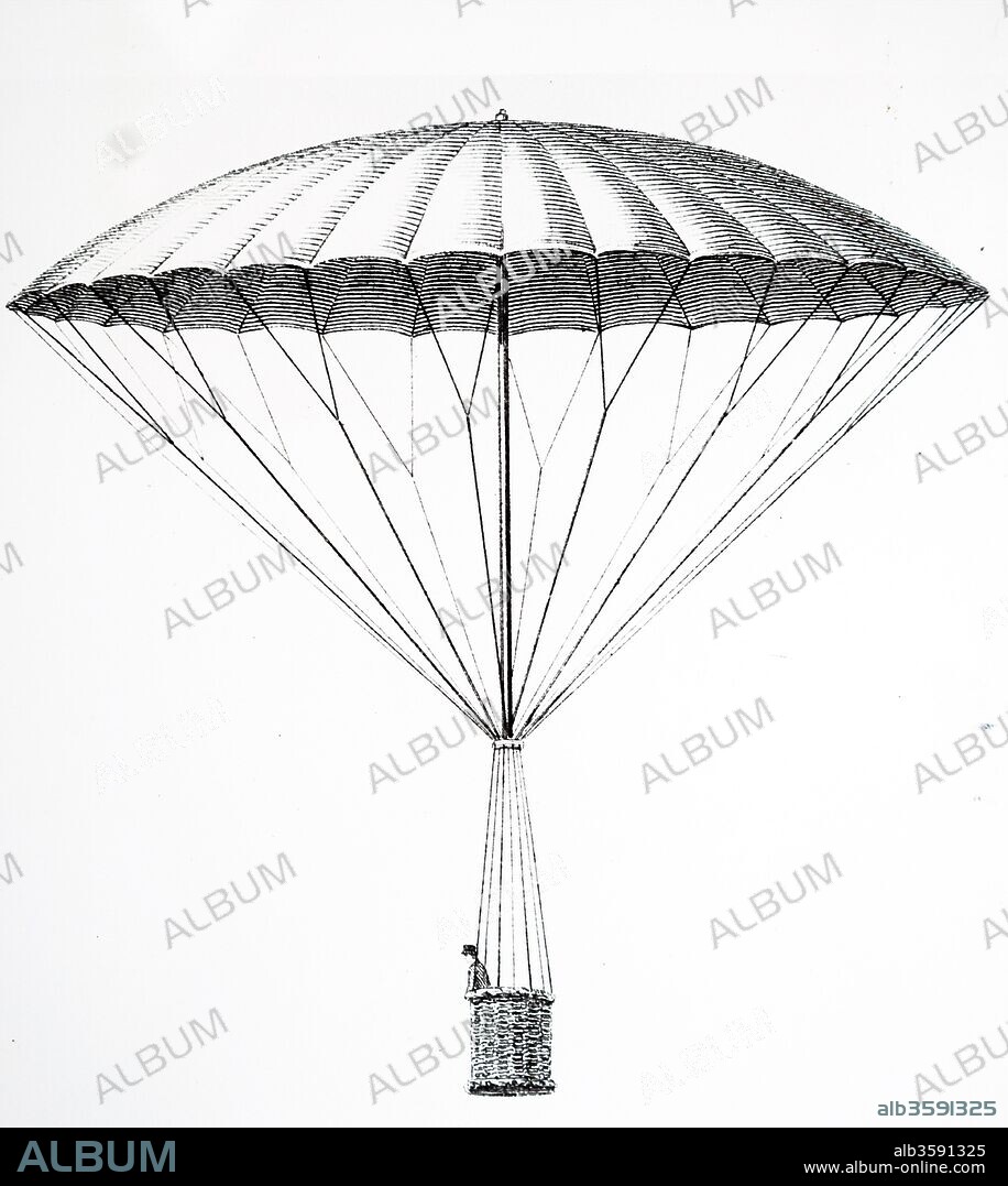 Engraving depicting Andre-Jacques Garnerin making his first parachute descent. Andre-Jacques Garnerin (1769-1823) a French balloonist and inventor of the frameless parachute. Dated 18th Century.