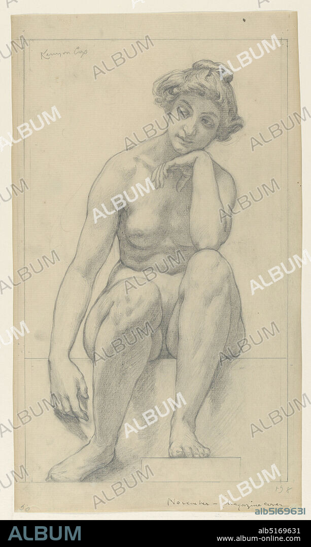 Design for Magazine Cover, Kenyon Cox, American, 18561919, Graphite on paper, Sketch of a magazine cover with a nude female figure seated with head resting on left arm., USA, ca. 1900, figures, Drawing, Drawing.