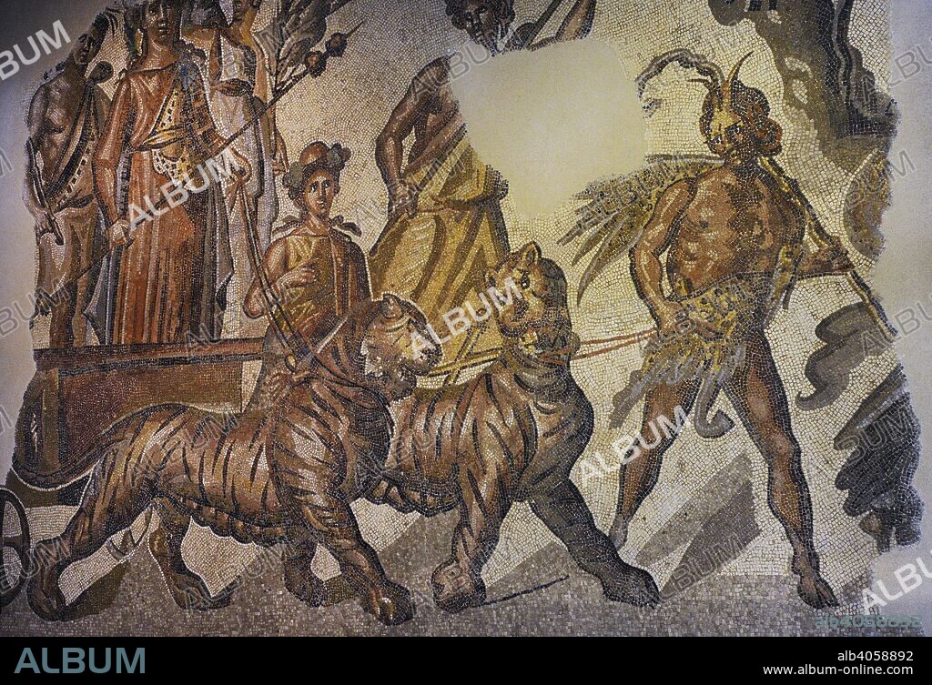 Roman mosaic of the Triumph of Bacchus. Detail. It depicts the God on a chariot pulled by two tigers, next to a winged Victory and a Satyr. The procession is headed by a dancing Maenad (only partially preserved), followed by Pan with the nebris, guiding the beasts by pulling on the reins. Next to the tigers, a Maenad with an ivy crown and a torch and a girl. 2nd century AD. Marble. From Caesaraugusta (Zaragoza, Aragon, Spain). National Archaeological Museum. Madrid. Spain.