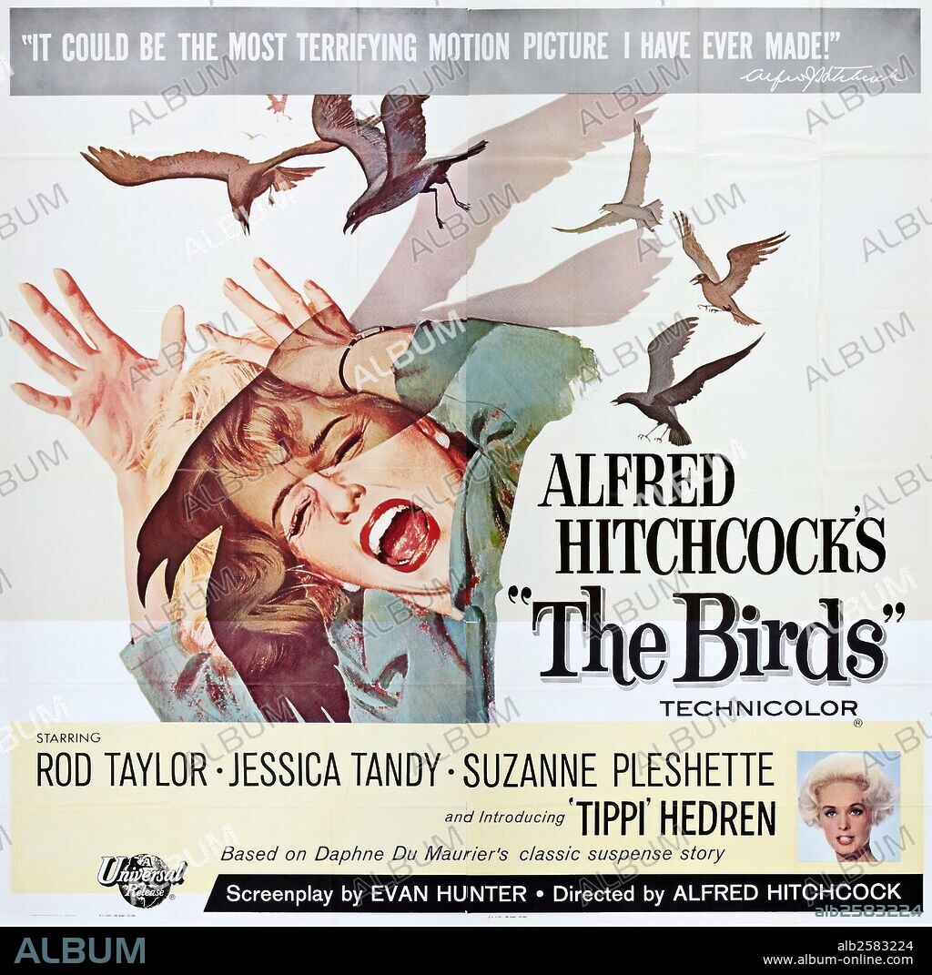 Poster of THE BIRDS, 1963, directed by ALFRED HITCHCOCK. Copyright Alfred J. Hitchcock Productions.