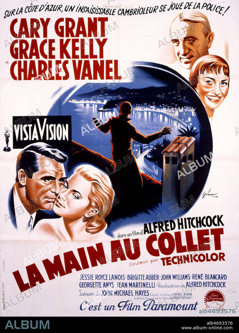 Affiche du film 'La main au collet' realise en 1955 par Alfred HITCHCOCK (1899-1980) avec Cary GRANT (1904-1986), Grace KELLY (1929-1982) et Charles VANEL (1892-1989). Credit : Coll. Perron/KHARBINE-TAPABOR.