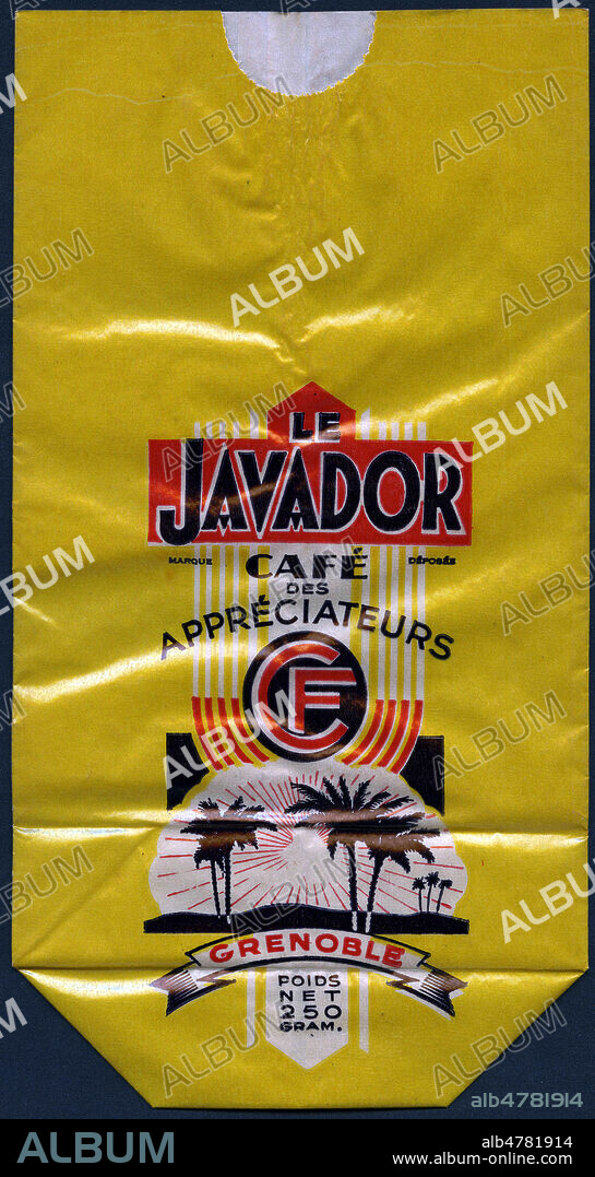 'Le Javador, cafe des appreciateurs'. Sachet de cafe vers 1925. Illustration anonyme. Credit : Collection IM/KHARBINE-TAPABOR.