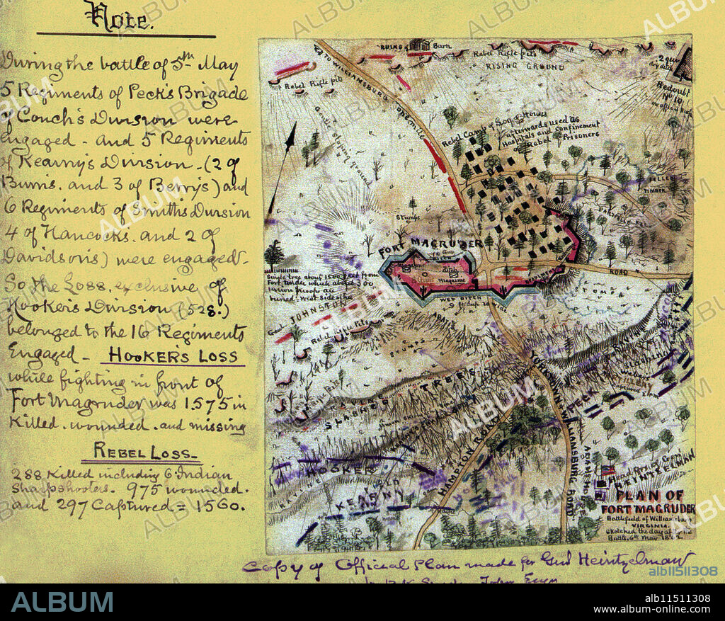 ROBERT KNOX SNEDEN. Plan of Fort Magruder, Battlefield of Williamsburg, Virginia. Sketched the day after the battle 6th May 1862..   the area surrounding Confederate Fort Magruder just south of in Williamsburg, Va. Details include the network of ravines and slashed trees extending the width of the Peninsula used by the Confederate Army as part of its defenses.