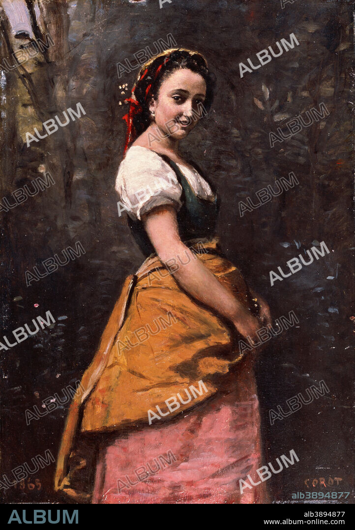 JEAN-BAPTISTE-CAMILLE COROT. Jeune femme en forêt / Young Woman in the Woods. Date/Period: 1865. Painting. Oil on panel. Height: 54.7 cm (21.5 in); Width: 38.9 cm (15.3 in).