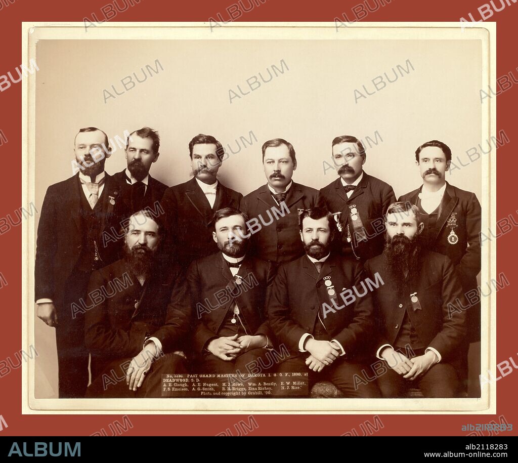 Past Grand Masters of Dakota I.O.O. F., 1890, at Deadwood, S.D. A.E. Clough, A.E.Nugent, H.J. Rowe, Wm. A. Bently, F.W. Miller, F.S. Emeison. A.G. Smith, R.R. Briggs, Zina Richey, H.J. Rice, John C. H. Grabill was an american photographer. In 1886 he opened his first photographic studio.