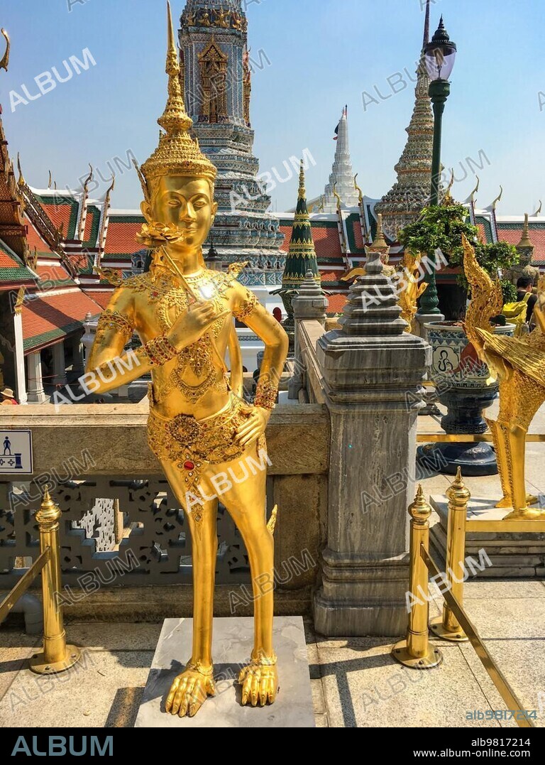 Statue of a Kinnara in Wat Phra Kaew in Bangkok; Thailand. In Southeast Asian mythology; Kinnaris are depicted as half-bird; half-woman creatures.