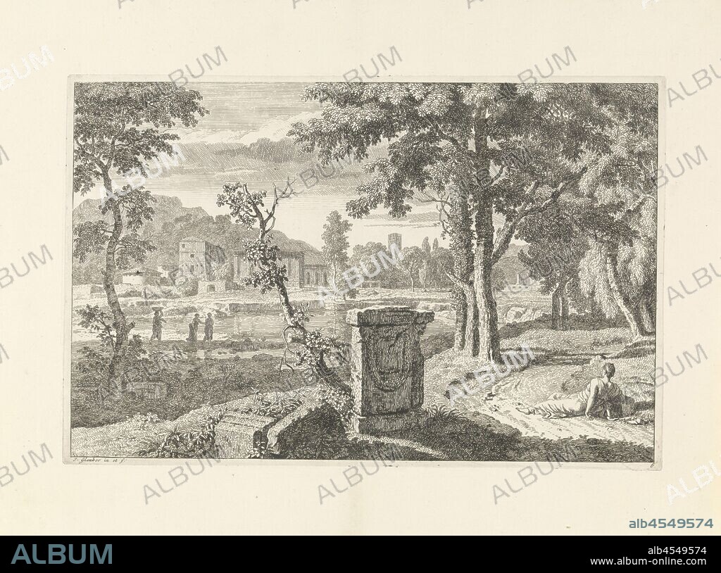 Arcadian landscape with ruins Arcadian landscapes (series title), An Arcadian landscape with ruins. Central the ruins of a classical pedestal. A woman is resting on the side of the road next to the pedestal. In the background a villa and a pond. The print is part of a series with arcadian landscapes., Johannes Glauber (mentioned on object), unknown, 1656 - 1726, paper, etching, w 365 mm × h 237 mm.