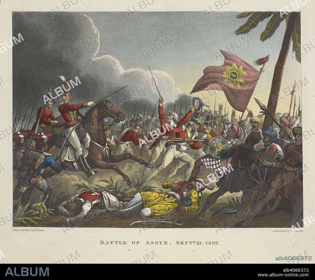 WILLIAM HEATH and J. C STADLER. Battle of Assye, September 23, 1802. The Battle of Assaye was a major battle of the Second Anglo-Maratha War. The Wars of Wellington, a narrative poem. ... With ... engravings coloured ... By Dr. S. London, 1819. Source: 838.m.7 plate 4, page 21.