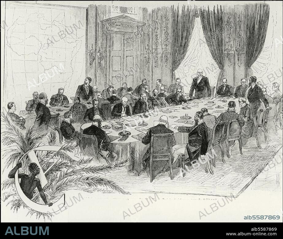 HERMANN LUEDERS. Congo Conference, Berlin, 15 November 1884. to 26 February 1885. "Bismarck leads a session of the conference in the great hall of the Reich Chancellor's Palace in Berlin". Wood engraving after the drawing by Hermann Lüders (1836-1908).