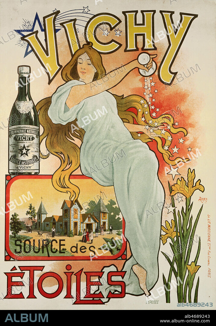 'Vichy source des etoiles'. Affiche publicitaire pour l'eau minerale de Vichy illustree en 1898 par MICHELE. Credit : Coll. Perrin/KHARBINE-TAPABOR.