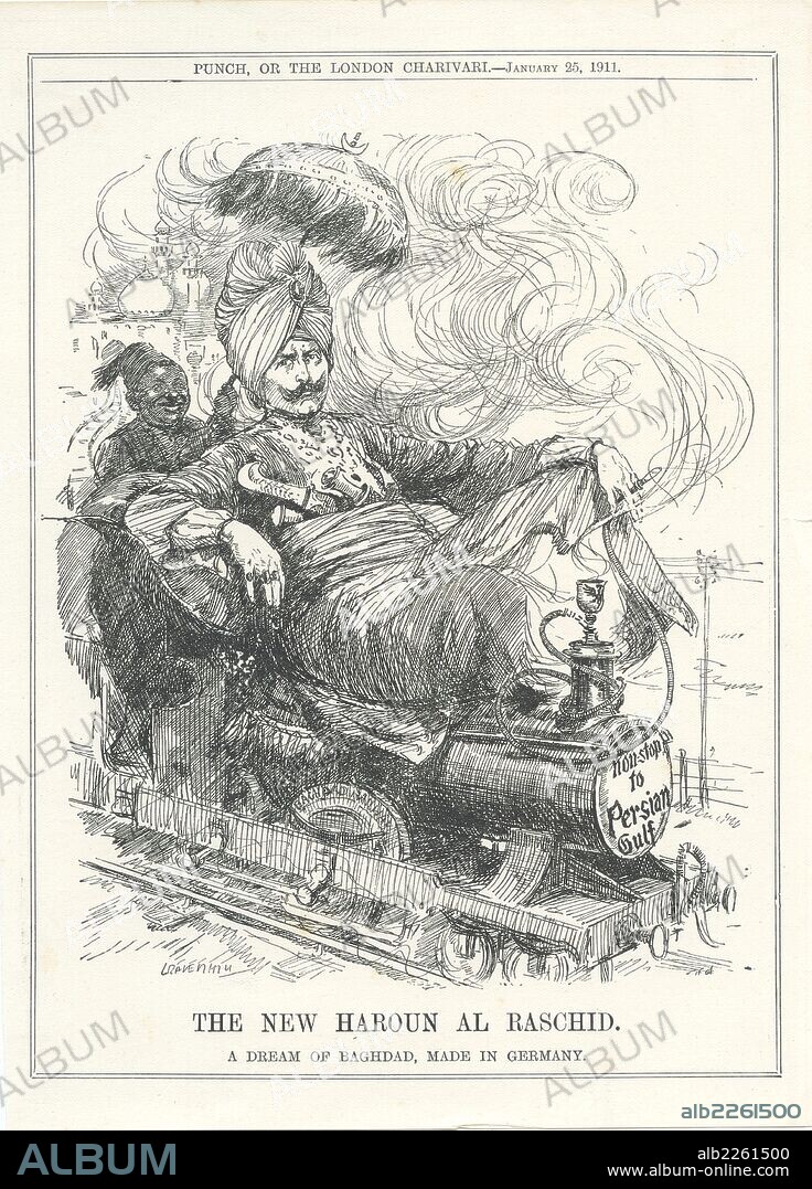 Wilhelm II, Emperor of Germany, dreaming of a German rail link to Baghdad and oil. Cartoon by Leonard Raven - Hill from "Punch", London, 25 January 1911.