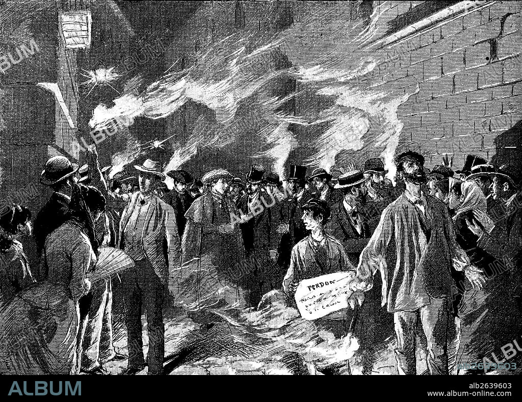 JOSEP LLUíS PELLICER FEñé. Barcelona. Manifestación presidida por el obispo Jaume Català Albosa (1835-1899) a favor de un cabecilla obrero condenado a muerte. Grabado de 1884.