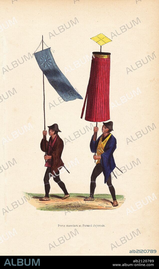 Japanese ensign carrying a standard, and umbrella bearer, both in helmets, kimono, leggings and sandals, carrying swords. Handcoloured woodcut by Decreef from Auguste Wahlen's "Moeurs, Usages et Costumes de tous les Peuples du Monde," Librairie Historique-Artistique, Brussels, 1845. Wahlen was the pseudonym of Jean-Francois-Nicolas Loumyer (1801-1875), a writer and archivist with the Heraldic Department of Belgium.