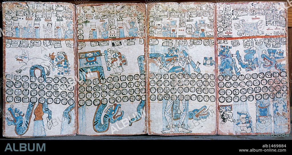 ARTE PRECOLOMBINO MAYA. CODICE TRO-CORTESIANO o MATRITENSE. Escrito sobre papel de fibra de corteza de copó. Consta de una sola tira, en la que aparecen jeroglíficos de carácter religioso y mágico. Contiene fórmulas adivinatorias usadas por los sacerdotes mayas para la predicción del futuro. Fue descubierto en España en dos fragmentos. Museo de América. Madrid. España.