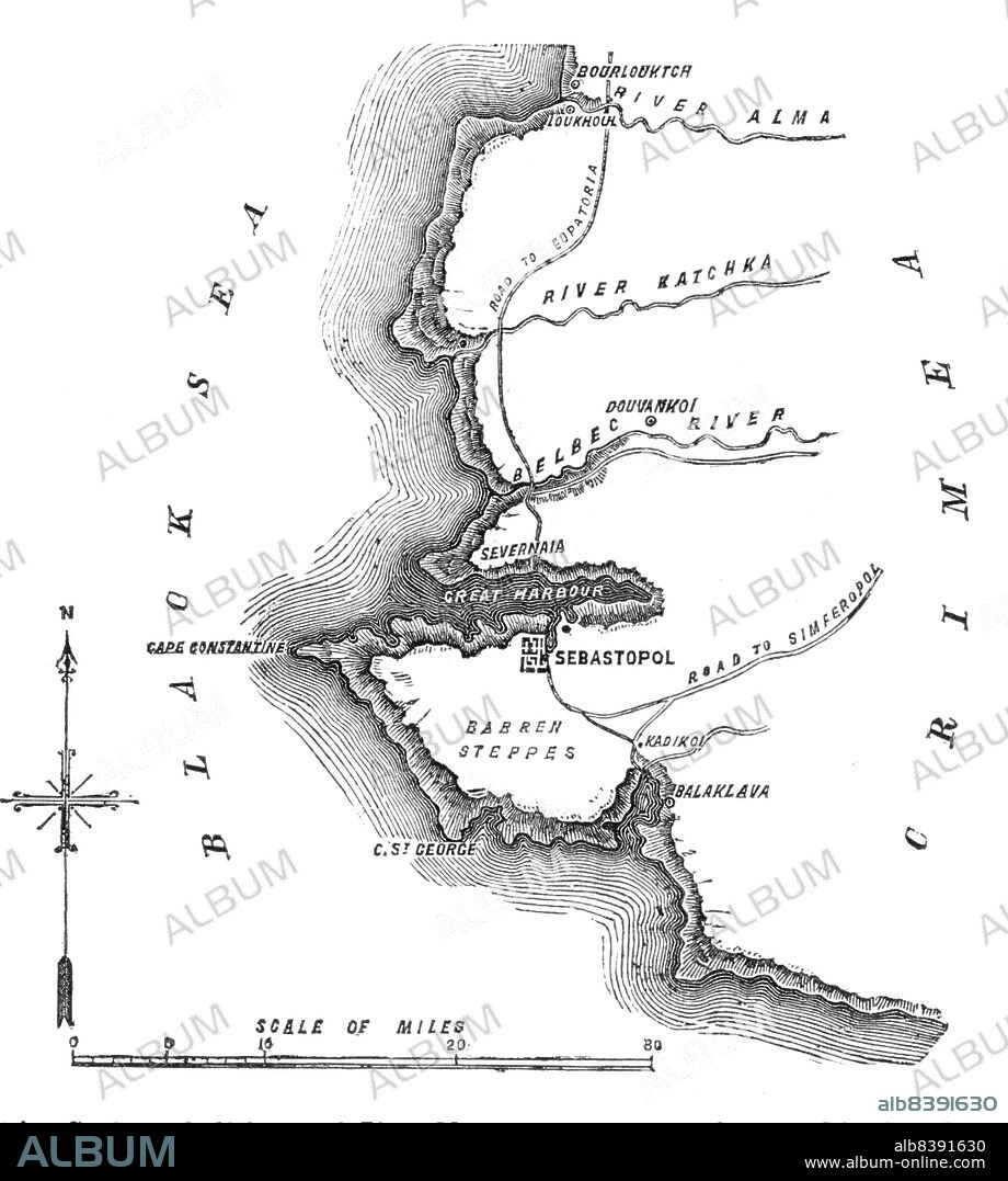 Siege of Sebastopol - map, 1854. Crimean War. The Black Sea, town and harbour of Sebastopol, Rivers Belbec, Katchka and Alma, Balaklava, roads to Eupatoria and Simferopol, Barren Steppes, Cape Constantine. 'The siege of[Russian-held] Sebastopol [by the Allied armies] bids fair to rank as the most remarkable operation in the annals of modern warfare. It is true we are no longer at a time when sieges were carried on with guns of small calibre, requiring a near approach to the walls to be effective against them. All the science of first parallel and second parallel is growing old, and armies, when they have advanced within 900 yards of stone walls, find that they are as close as they require; and, that with heavy 95 cwt. pieces, they can batter and breach to such purpose, that the work of a fortnight in the olden time is completed in twenty-four hours'. From "Illustrated London News", 1854.