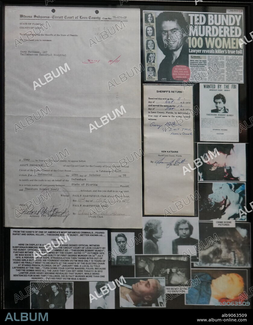 A montage of pictures, newspaper headlines, and documents relating to Ted Bundy. Theodore Robert Bundy (1946-1989) an American serial killer, kidnapper rapist, burglar, and necrophile.