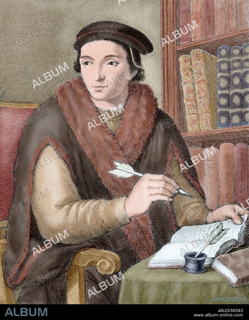 VIVES, Juan Luis (Valencia, 1492-Brujas, 1540). Humanista y filósofo español, exiliado de España por su origen judío. Formado en París (1509-12). Profesor en Lovaina (1519) y preceptor de María de Gales. Grabado.