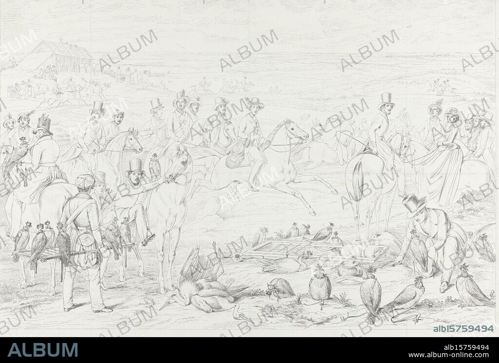 Falcon hunting of herons, 1843, Le Vol du Héron, dessiné au Loo en Julliet 1843 (title on object), Falcon hunting held in July 1843 on the heath near Het Loo Palace. Prince Alexander and his entourage on horseback in the center. On the right, the Van Verschuer-Brants couple, also members of the Royal Loo Hawking Club, watch on horseback. On the left a man with a rack on which several falcons sit, in the front several captive herons. Prince Alexander was president of the Royal Loo Hawking Club, two other members, Fr. van den Heuvel and Adriaan Mollen are portrayed on the left. Belongs to the prospectus for a series of seventeen plates on falconry, the first part to be published in October 1844, as a sample illustration., print, print maker: Johann Peter Berghaus, (mentioned on object), after painting by: Johann Baptist Wilhelm Adolf Sonderland, (mentioned on object), publisher: August Arnz & Co., (mentioned on object), print maker: Netherlands, publisher: Leiden, 1844, paper, height, 471 mm × width, 590 mm.