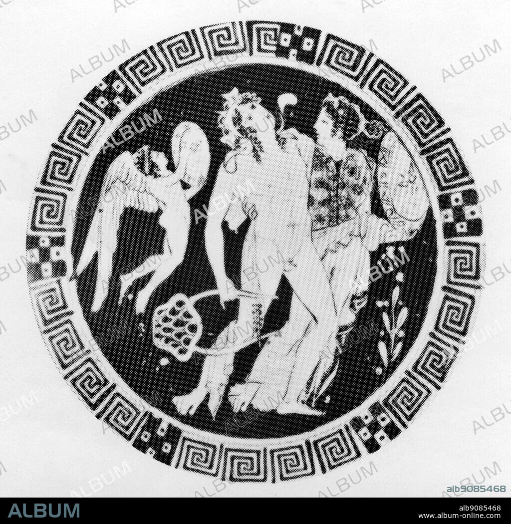 Dionysus & Ariadne escorted by Eros, on an Attic cup 400-390BC -. Dionysus or Dionysos associated with Roman Liber, the Greek god of wine, represents not only the intoxicating power of wine, but also its social and beneficial influences. He was also known as Bacchus. He is viewed as the promoter of civilization, a lawgiver, and lover of skeptic as well as the patron deity of agriculture and the theatre. He was also known as the Liberator -. Ariadne, later became the consort of the god Dionysus -. Eros is depicted as an angel who wears a white robe, carries a bow with heart shaped arrows and a halo above his head. He was the god of love and sex. ©TopFoto.