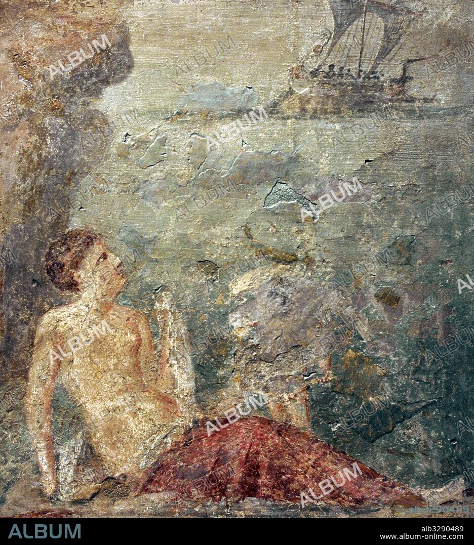 Roman fresco depicting Ariadne forsaken by Theseus whose ship can be seen on the horizon. Second half of 2nd century. From Pompeii. National Archaeological Museum. Naples. Italy.