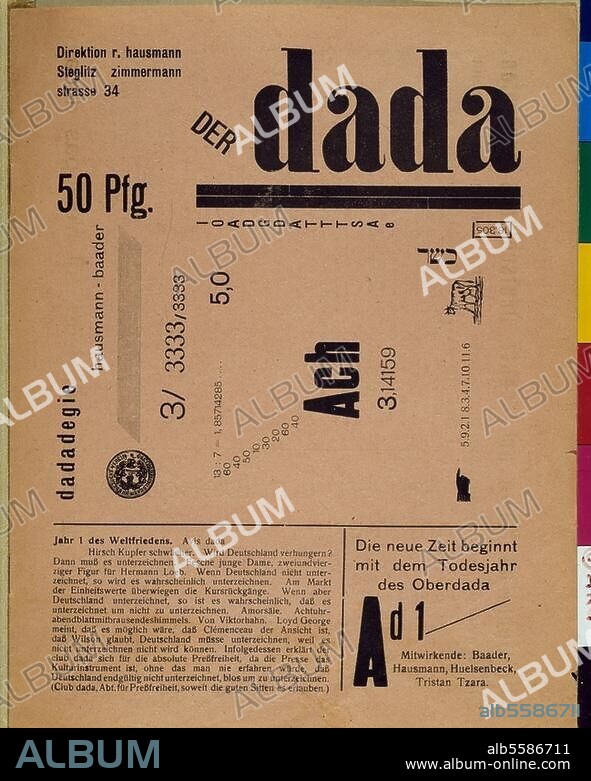 RAOUL HAUSMANN. Magazines:. Dada. Title page: Der Dada I, 1919.