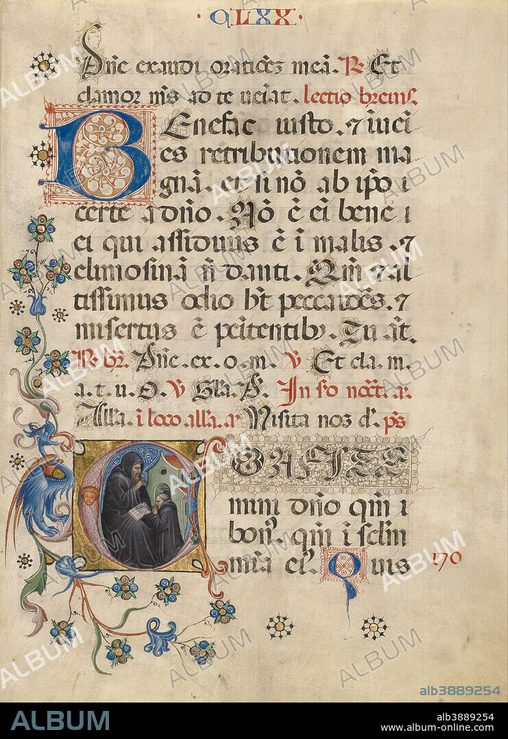 UNKNOWN. Initial C: Saint Benedict Blessing Maurus. Date/Period: Ca. 1420. Detached leaf. Tempera colors, gold leaf, and ink on parchment. Height: 465 mm (18.30 in); Width: 346 mm (13.62 in).
