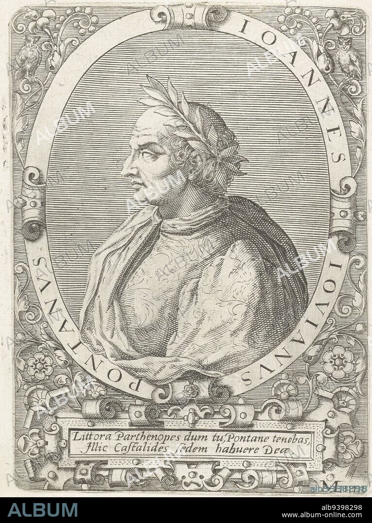 Portrait of the Italian humanist Giovanni Gioviano Pontano, in oval with edge lettering Pontano has a laurel wreath on his head Below the portrait a Latin verse, Portrait of Giovanni Gioviano Pontanus Ioannes Iovianus Pontanus , print maker: Theodor de Bry, print maker: Johann Theodor de Bry, Jean Jacques Boissard, (possibly), Frankfurt am Main, c. 1597 - c. 1599 and/or 1669, paper, engraving, h 145 mm × w 115 mm.