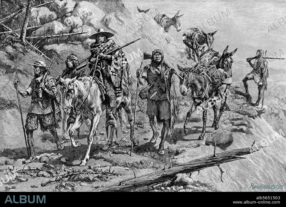 Ethnology / America. "Pima Indians Convoying a Silver Train im Mexico". Wood cut, c. 1887, after Frederic Remington (1861-1909).