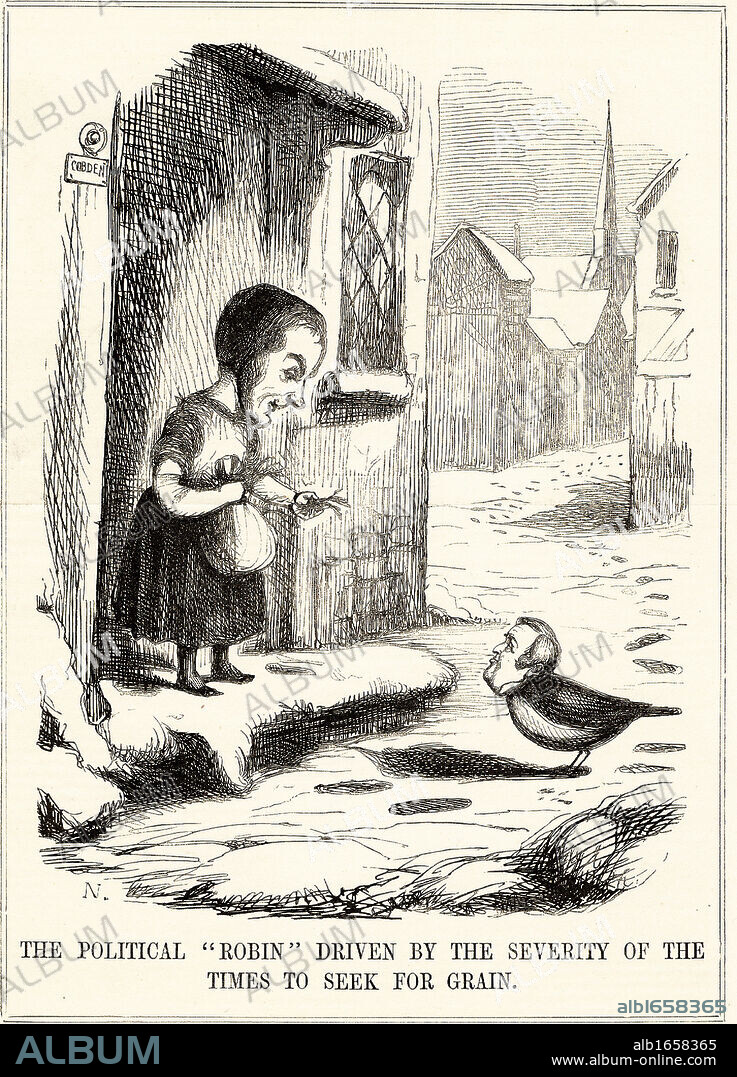 Abolition of the Corn Laws: Robert Peel (1788-1850), Conservative protectionist Prime Minister, being forced to beg for corn from the free trader Richard Cobden (1804-1865). Corn laws repealed and tariffs removed in 1846. Cartoon from 'Punch', London, 1845.