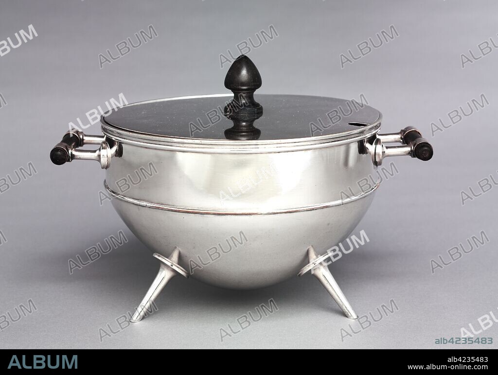 Tureen, c. 1880. Hukin & Heath (British), Christopher Dresser (British, 1834-1904). Silver plated metal, ebony handles and knop; diameter: 23.5 cm (9 1/4 in.); overall: 21.2 x 30.8 cm (8 3/8 x 12 1/8 in.).