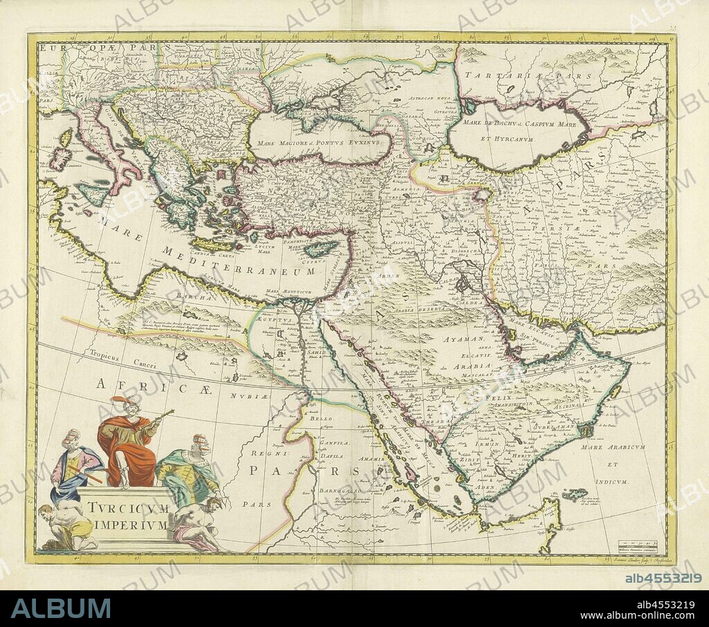 Map of the Turkish Empire, Tvrcicvm imperivm (title on object), Map of France (top left) up to and including half Iran, yellow borders, colored borders, cartouche with inscription below left surrounded by three Eastern dignitaries and two white (European) prisoners. Bottom right scale in German miles, maps of separate countries or regions, Turkey, Ottoman Empire, Joannes L'Huilier, Amsterdam, 1650 - 1700, paper, engraving, h 453 mm × w 555 mm.