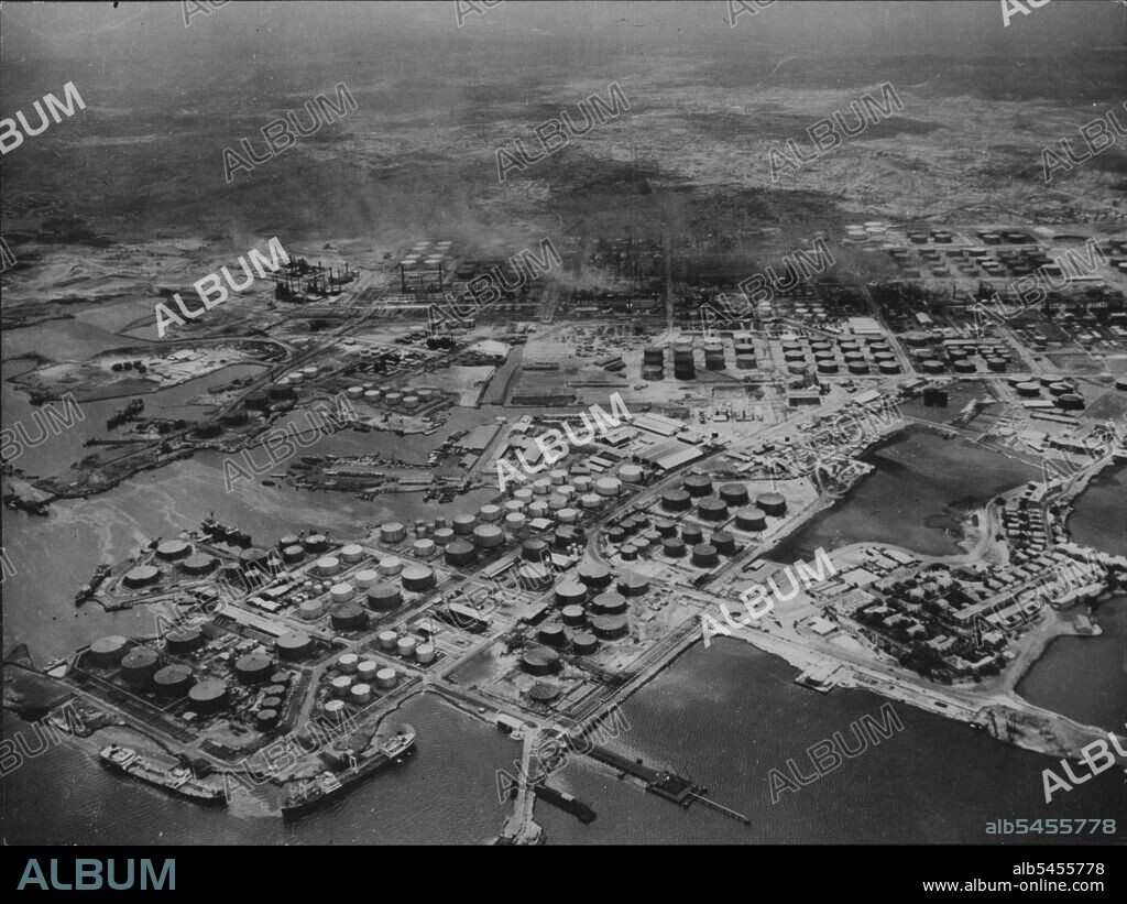 Curacao, Dutch West Indies -- Aerial view of the oil refineries at Curacao, among the world's most important.Oil refinery at Curacao (the Antilles) is one of the world's most important.Crude comes from Venezuela. September 30, 1949. (Photo by Camera Press).