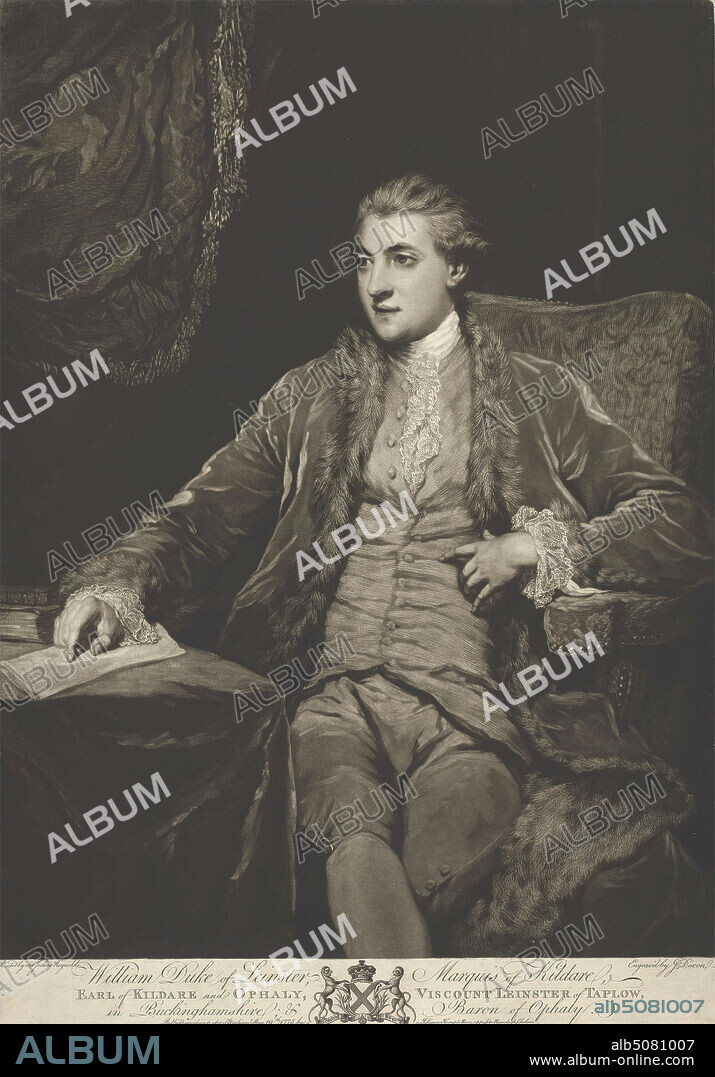 William Robert Fitzgerald, Second Duke of Leinster, John Dixon, ca. 17401811, Irish, after Sir Joshua Reynolds RA, 17231792, British, Published by John Dixon, ca. 17401811, Irish, 1775, Mezzotint and etching on moderately thick, slightly textured, beige laid paper, Sheet: 19 13/16 x 14 1/16 inches (50.4 x 35.7 cm) and Image: 18 1/2 x 13 7/8 inches (47 x 35.3 cm), books, coat, cuffs, desk, drapery, duke, elegant, fur coat, gaze, hose, lace, letter, man, nobleman, portrait, posing, robe, sitting, tapestry, thoughtful, Europe, Ireland, Leinster.