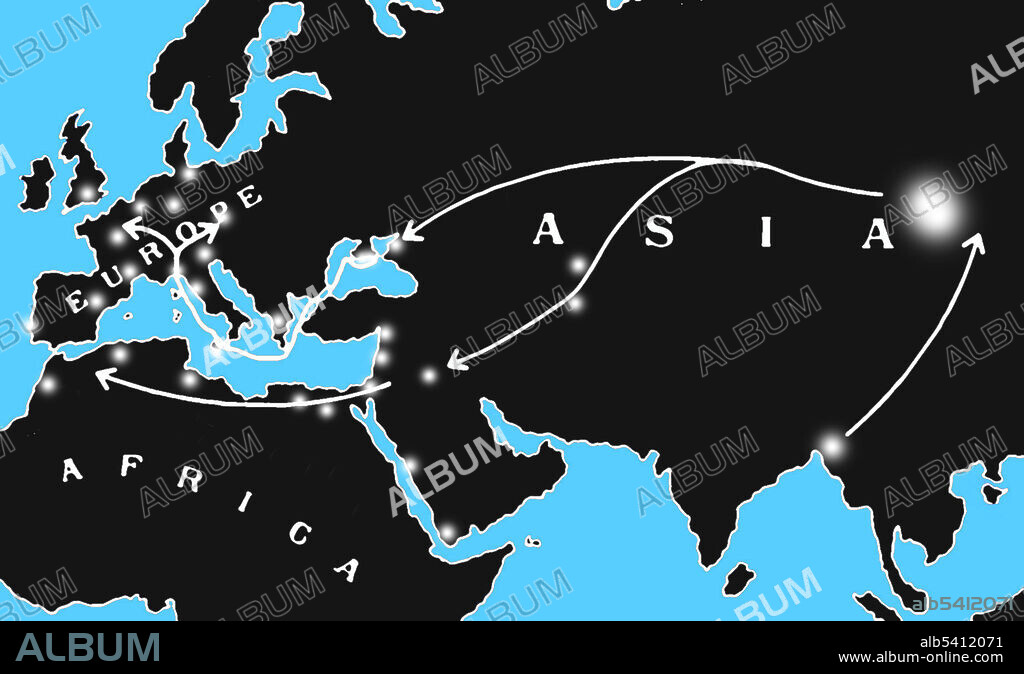 Map showing the spread of the Black Death in the 14th century from Asia to the Middle East, Western Europe, and North Africa. Areas of major outbreaks are indicated in white. The bubonic plague was one of the most devastating pandemics in human history, resulting in the deaths of an estimated 75 to 200 million people in Eurasia in the 14th century. The bacterium Yersinia pestis, which results in several forms of plague, is thought to have been the cause. It moved along the Silk Road (a network of trade routes) and by ship and is believed to have been carried and spread by rat fleas living on black rats.