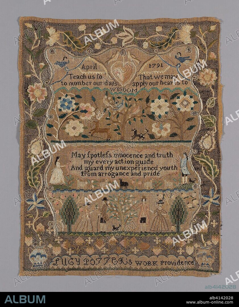 Sampler. Lucy Potter (American, active c. 1791); Mary (Polly) Balch's Academy; United States, Rhode Island, Providence. Date: 1791. Dimensions: 43.5 x 34.3 cm (17 1/8 x 13 1/2 in.). Linen, plain weave; embroidered with silk in cross, Rococo, Roumanian, satin, stem, and tent stitches. Origin: Rhode Island.