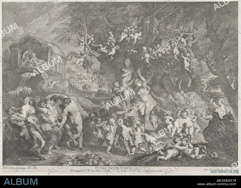 The Feast of Venus, with groups of satyrs, nymphs, and putti dancing around a statue of Venus. Artist: After Peter Paul Rubens (Flemish, Siegen 1577-1640 Antwerp); Anton Joseph von Prenner (Austrian, Wallerstein 1683-1761 Vienna). Dimensions: Sheet (Trimmed): 9 5/8 × 13 1/8 in. (24.5 × 33.3 cm). Publisher: Frans van Stampart (Flemish, Antwerp 1675-1750 Vienna). Date: 1732.
After the painting by Rubens in the Kunsthistorisches Museum, Vienna.