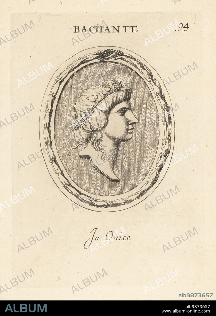 Bust of a Bacchante wearing a band of ivy leaves in her hair. In onyx. Bachante. In onice. Copperplate engraving by Giovanni Battista Galestruzzi after Leonardo Agostini from Gemmae et Sculpturae Antiquae Depicti ab Leonardo Augustino Senesi, Abraham Blooteling, Amsterdam, 1685.