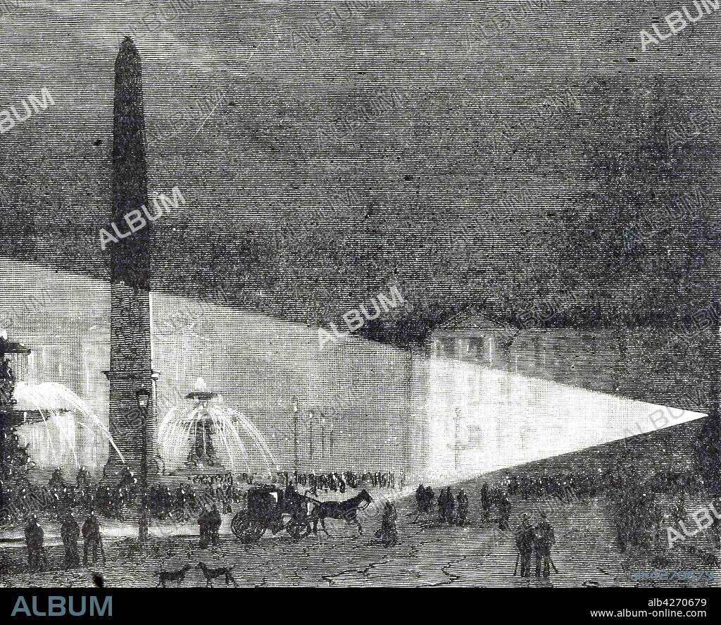An engraving depicting the first public electric lighting demonstration made by Leon Foucault in the Place de la Concorde, Paris. The existing gas lamps in the in their standards are insignificant by comparison with the new arc lamps. Dated 19th century.
