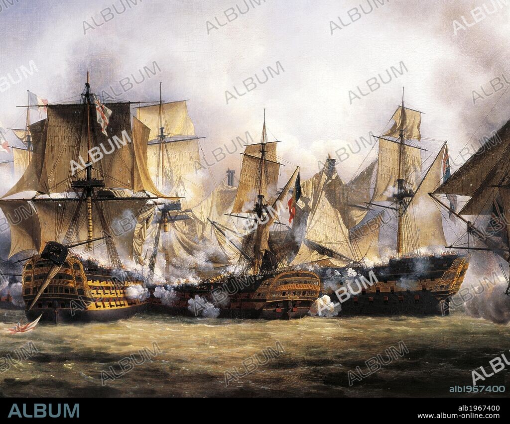 Clash between the English Temeraire and the French Redoutable ships during the Battle of Trafalgar, October 21, 1805. Napoleonic Wars, Spain, 19th century.