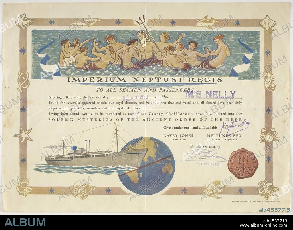 Certificate - Crossing the Equator, MS Nelly, Wittusen & Jensen AS, 3 Jun 1950, Crossing the Equator Certificate, published by Wittusen & Jensen AS, circa 1950. It was issued to passengers on the MS Nelly for crossing the equator on 3 June 1950. This certificate was given to either Nicolae or Barbara Condurateanu on their voyage to Australia in 1950. Nicolae Condurateanu was a Romanian who was placed in a POW camp during World War II in Germany. He met his wife Barbara, also.